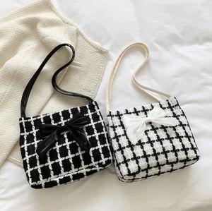 Women Fashion Plaid Bow Decor Tweed Tote Bag